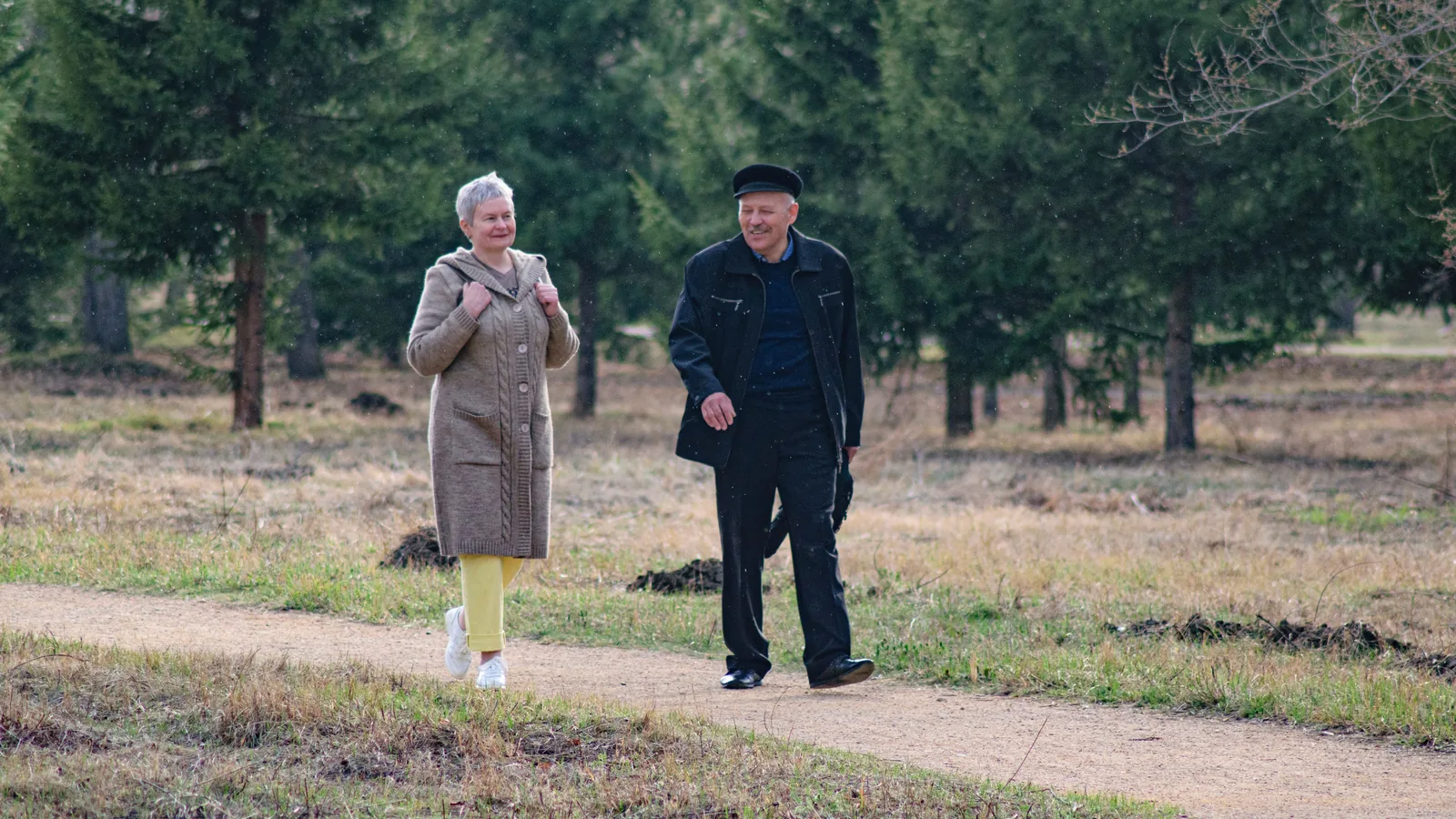 Couple de seniors à vélo sur un chemin de parc ensoleillé